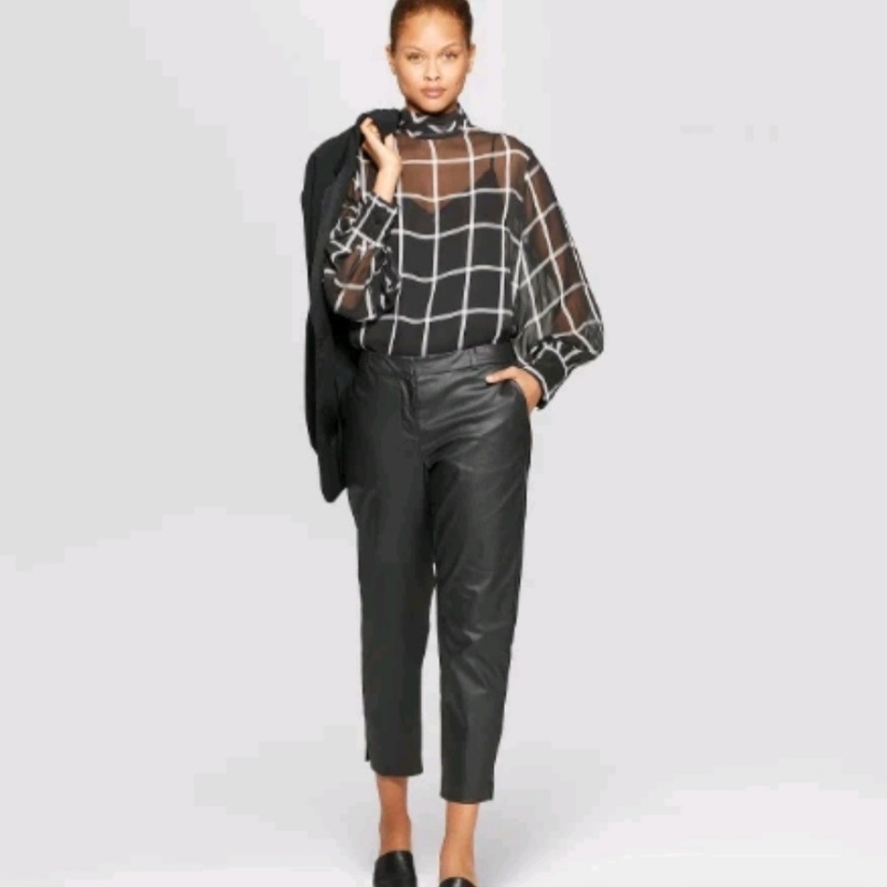 Women's szL Stylish Sheer Black White Plaid Top Career Going Out Dark Academia